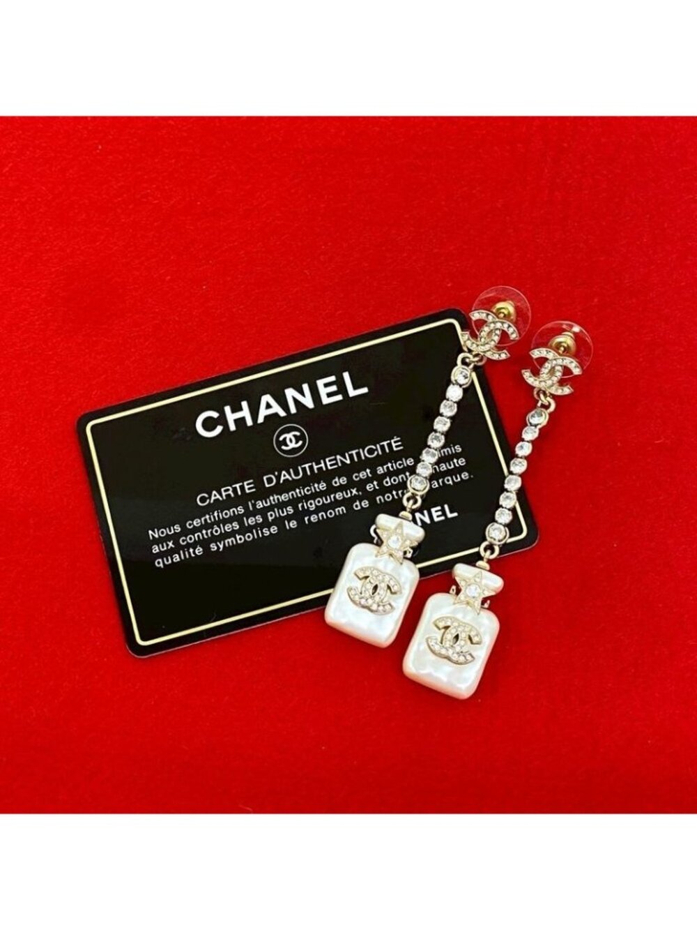Chanel Perfume Bottle Swing Earrings Coco Mark Faux Pearl 23BS